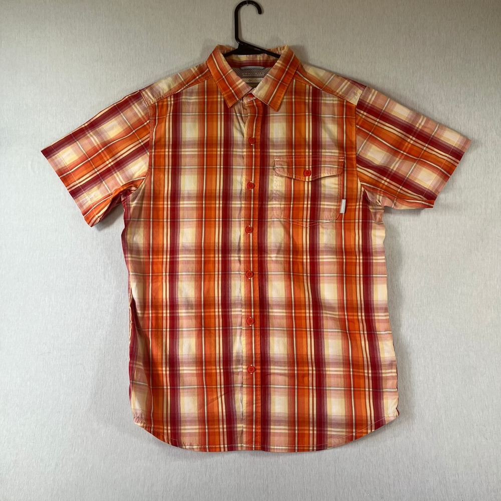 Columbia Omni-Wick Mens Small Orange Plaid Short Sleeve Button Down Shirt AM1013